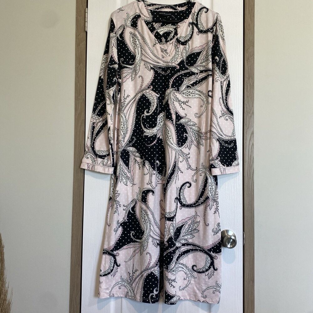 Miss Elaine Nightgown Sz M Paisley Brushed Knit Soft Long Sleeve Pink Black